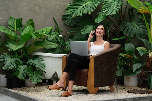 Modern Young Woman Working Remotely Relaxing Solitude Minimalist Architectural Concrete — Stock Photo, Image