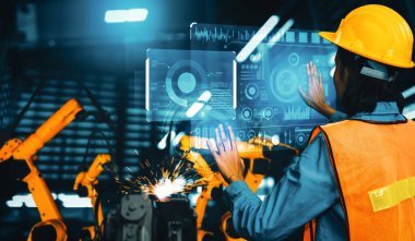 Dijital sanayi ve fabrika robotu teknolojisi için XAI Gelişmiş Robot Kol Sistemi. İnternet ağına bağlı IOT yazılımı kullanarak endüstri mühendisliği tarafından kontrol edilen otomasyon üretim robotu.