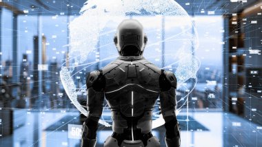 Yapay zeka mühendisliği iş başında. Yapay zeka algoritması pazarlama otomasyonu, teknik analiz, çözüm iletişimi ve hızlı yanıt için. LISP kodlu program ve 3d resimleme öğrenen makine