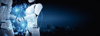 XAI 3D illüstrasyon insansı robot tokalaşması. Yapay zeka, yapay zeka ve 4. endüstriyel devrim için makine öğrenme süreçlerinin gelecekteki teknolojisini geliştirmek için..