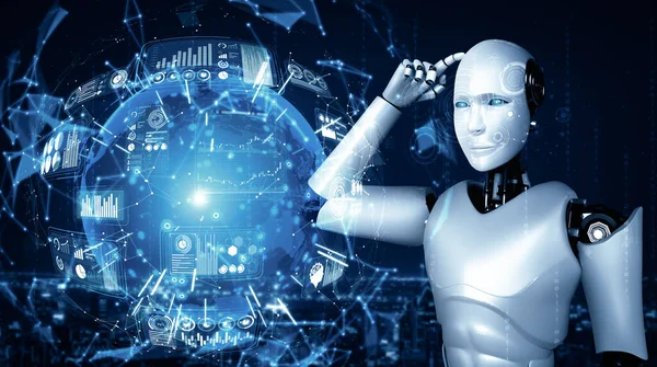 分析全息图屏幕的人工智能人形机器人展示了通过机器学习过程使用人工智能实现网络全局通信的概念 3D插图 — 图库照片