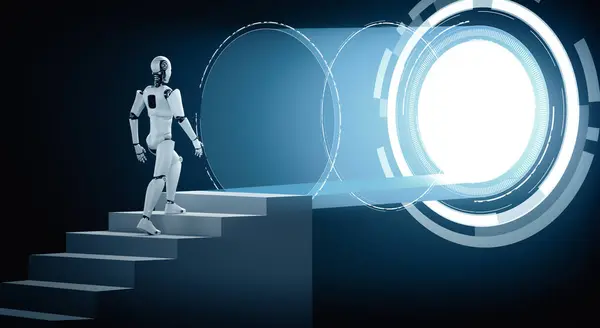 Xai 3D演示机器人人形走向成功和目标实现的阶梯 第四次工业革命人工智能思维 机学习过程的概念 — 图库照片