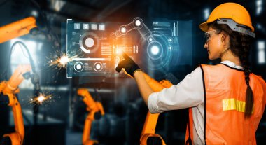 Dijital sanayi ve fabrika robotu teknolojisi için XAI Gelişmiş Robot Kol Sistemi. İnternet ağına bağlı IOT yazılımı kullanarak endüstri mühendisliği tarafından kontrol edilen otomasyon üretim robotu.