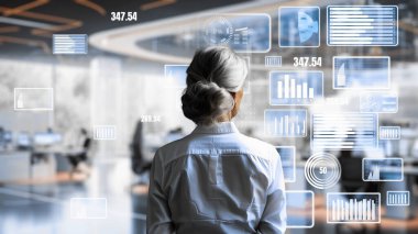 Finansal danışman veya tüccar BI ticari istihbarat veri tablosu ve grafik gösterge paneli ile çalışarak pazarlama stratejisi araştırması için karar veriyor..