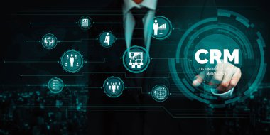 İş satış pazarlama sistemi konsepti için CRM Müşteri İlişkileri Yönetimi CRM veritabanı analizini desteklemek için hizmet uygulamasının fütüristik grafik arayüzünde sunulmuştur. uds