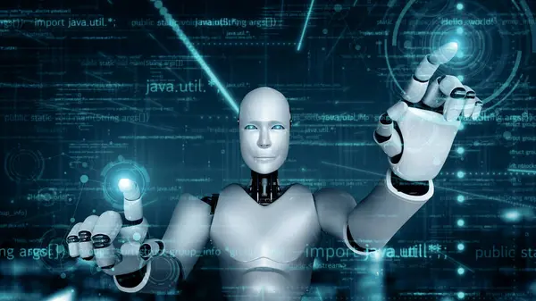 XAI 3d illüstrasyon Futuristik robot yapay zeka insansı yapay zeka programlama kodlama teknolojisi geliştirme ve makine öğrenme kavramı. İnsanlığın geleceği için robot biyonik bilim araştırması