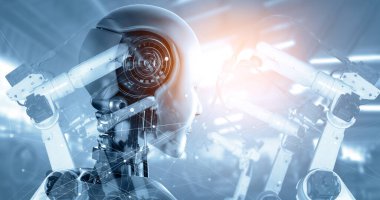 XAI Mekanize Endüstri Robotu ve robotik kollar çift pozlama görüntüsü. Gelecekteki fabrikada endüstriyel devrim ve otomasyon üretim süreci için yapay zeka kavramı.