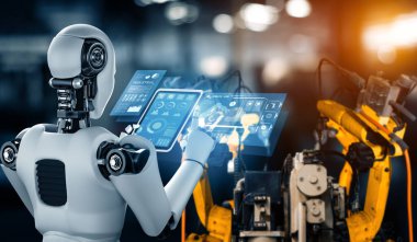 XAI Mekanize Endüstri Robotu ve robot silahları fabrika üretiminde kullanılacak. Sanayi devrimi ve otomasyon üretim süreci için yapay zeka kavramı.