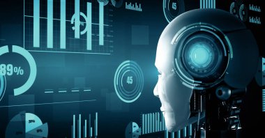 XAI 3D illüstrasyon Gelecek Finansal Teknoloji Kontrolü Yapay Robot Huminoid makine öğrenimi ve yapay zeka kullanarak iş verilerini analiz ediyor ve yatırım ve ticaret hakkında tavsiyelerde bulunuyor
