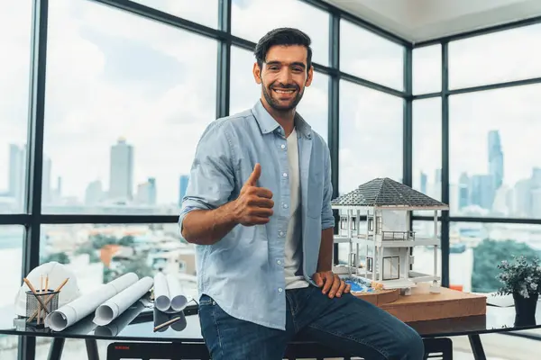 Portrait Architect Engineer Casual Outfit Smile Camera While Showing Thumps — Stock Photo, Image