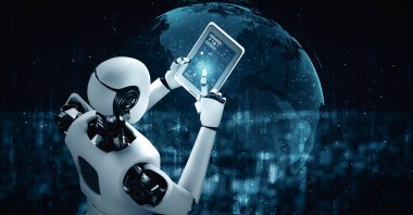 XAI 3D illüstrasyon robot hominoidi küresel ağ bağlantısı için tablet bilgisayar kullanarak yapay zeka, yapay zeka ve 4. endüstriyel devrim için makine öğrenme sürecini kullanıyor. Üç Boyut