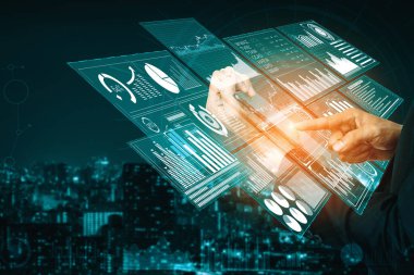 İş Mali Analitik Konsepti için Büyük Veri Teknolojisi. Modern arayüz ekranda iş satış raporları, kâr tablosu ve borsa eğilimleri analizleri hakkında muazzam bilgiler gösteriyor. uds