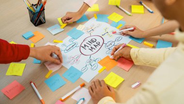 Profesyonel başlangıç grubu zihin haritası kullanarak yaratıcı pazarlama fikrini paylaşıyor. Genç yetenekli iş adamları yapışkan notlar yazarken beyin fırtınası planı yapıyorlar. Eline odaklan. - Yakın çekim. Değiştirilmiş.