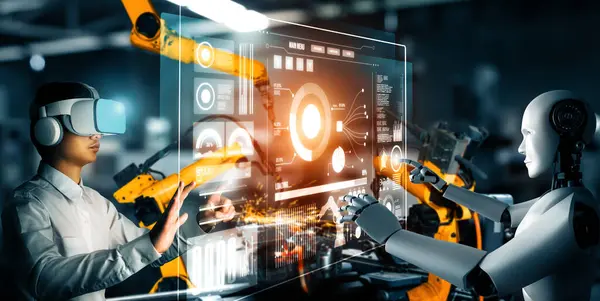 Xai机械化的工业机器人和人类工人在未来的工厂一起工作 工业革命和自动化制造过程中的人工智能概念 — 图库照片