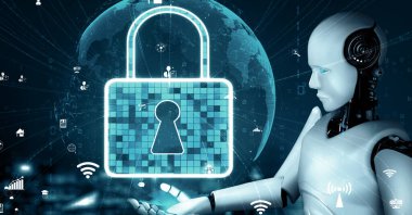 XAI 3d illüstrasyon yapay zeka robot robotu internet sunucusunda veri depolamak için bulut hesaplama teknolojisi kullanır. Makine öğrenme süreciyle analiz edilen gelecekteki bulut bilgi depolama kavramı. 3B görüntüleme