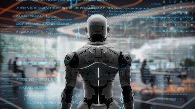 Yapay zeka mühendisliği iş başında. Yapay zeka algoritması pazarlama otomasyonu, teknik analiz, çözüm iletişimi ve hızlı yanıt için. LISP kodlu program ve 3d resimleme öğrenen makine