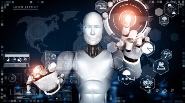 XAI 3d illüstrasyon yapay zeka kullanarak sanal ekrana dokunan robot yapay zeka ile küresel iletişim ağı kavramını gösteriyor. 3B hazırlama bilgisayarı