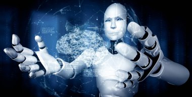 XAI 3d illüstrasyon yapay zeka ve yapay zeka kavramını gösteren sanal hologram ekran tutan yapay yapay yapay robot yapay zeka. 3B illüstrasyon.