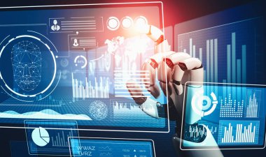 XAI 3D yorumlama fütürist robot teknolojisi geliştirme, yapay zeka yapay zekası ve makine öğrenme konsepti. İnsan hayatının geleceği için küresel robot biyonik bilim araştırması.