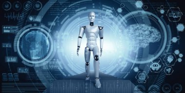 Bilim kurgu fantezi dünyasında XAI 3D robot çizimi. Dördüncü endüstriyel devrim için beyin ve makine öğrenme süreci kavramı.