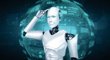 XAI 3D illüstrasyon Yapay Zeka Düşünen İnsansı Robot, hologram ekranını analiz ediyor. Makine öğrenme süreciyle yapay zeka kullanarak büyük veri analitiği kavramını gösteriyor. 3B illüstrasyon.