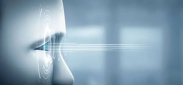 Xai Illustration Robot Humanoid Face Close Graphic Concept Thinking Brain — Stock Photo, Image