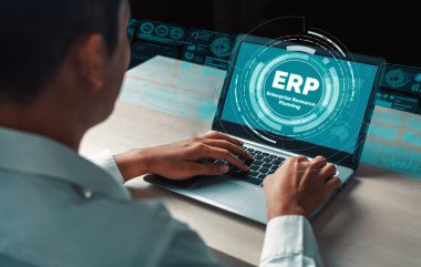 Ticari kaynaklar için Enterprise Resource Management ERP yazılım sistemi modern grafik arayüzünde sunulmuştur. Şirket kaynaklarını yönetmek için geleceğin teknolojisini göstermektedir. uds