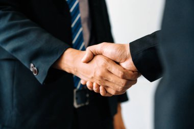 İş adamları konsepti kabul ediyor. İş adamı toplantı odasında başka bir iş adamıyla tokalaşıyor. uds