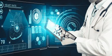 XAI 3D tıbbi yapay zeka robotu geleceğin hastanesinde çalışıyor. Hasta ve biyomedikal teknoloji konsepti için gelecekteki protez sağlık hizmetleri.