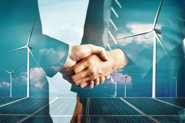 Double Exposure Graphic Business People Handshake Wind Turbine Farm Green — Stock Photo, Image
