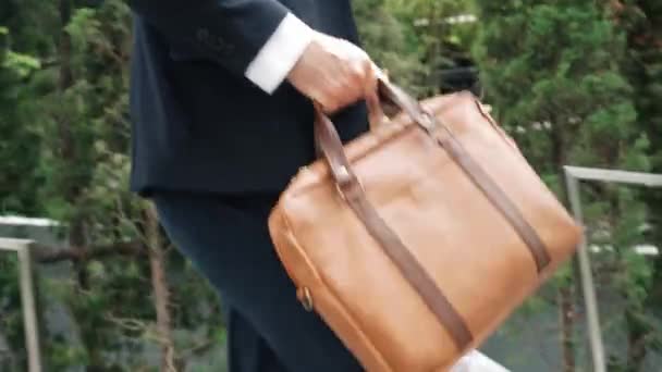 在绿色生态城市 当项目经理走上楼梯或走上新岗位时 专业商人手持手提箱 快乐的项目经理使用旅行袋 把注意力集中在袋子上城市E — 图库视频影像