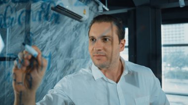 Yapışkan notlar üzerine pazarlama fikri yazan profesyonel erkek liderin portresi. Kafkasyalı işadamı cam duvarda renkli yapışkan notlar kullanırken pazarlama kampanyasını düşünüyor. Yönlendirici.