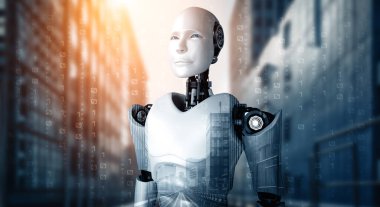 XAI 3D illüstrasyon 3D insansı robot şehir manzarası siluetine karşı sabırsızlıkla bekliyor. Yapay zekanın gelecekteki gelişimi için liderlik, fikir ve vizyon kavramı.