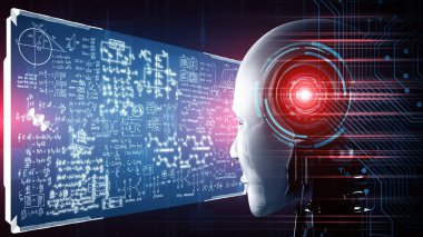 XAI 3d illüstrasyon hominoid yapay zeka kullanarak matematik hesaplama ve bilimsel denklem kavramında hologram ekranına bakan yapay zeka makine öğrenme süreci. 3B görüntüleme
