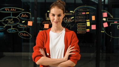 Profesyonel genç yönetici, silah zoruyla kameraya bakıyor. Cam duvarın önünde zihin haritası ve yapışkan notlarla dikilen yetenekli bir işçi. İzleme