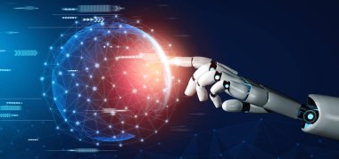 XAI 3D Renching futuristik robot teknolojisi geliştirme, yapay zeka yapay zeka ve makine öğrenme konsepti. İnsan hayatının geleceği için küresel robot biyonik bilim araştırması.