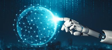 XAI 3D yorumlama fütürist robot teknolojisi geliştirme, yapay zeka yapay zekası ve makine öğrenme konsepti. İnsan hayatının geleceği için küresel robot biyonik bilim araştırması.