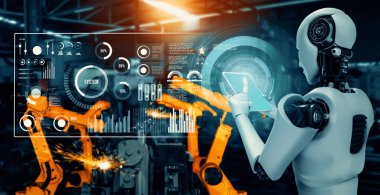 XAI Mekanize Endüstri Robotu ve robot silahları fabrika üretiminde kullanılacak. Sanayi devrimi ve otomasyon üretim süreci için yapay zeka kavramı.