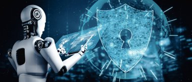 XAI 3D illüstrasyon yapay zeka robotu bilgi gizliliğini korumak için siber güvenliği kullanıyor. Yapay zeka ve makine öğrenme süreci tarafından siber suçları önleme konsepti. 3B görüntüleme