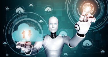 XAI 3d illüstrasyon yapay zeka robotu bulut hesaplama teknolojisini kullanarak çevrimiçi sunucuda veri depoluyor. Makine öğrenme süreciyle analiz edilen gelecekteki bulut bilgi depolama kavramı. 3B görüntüleme