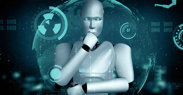 Xai 3D演示了未来机器人人工智能Huminoid Ai在工业工厂技术开发和机器学习中的应用 机器人仿生科学研究对人类未来的影响 — 图库照片