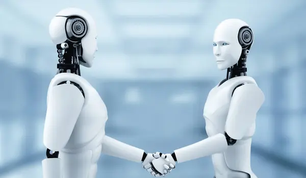 Xai Illustration Humanoider Roboterhandschlag Zur Zusammenarbeit Bei Der Zukünftigen Technologieentwicklung — Stockfoto