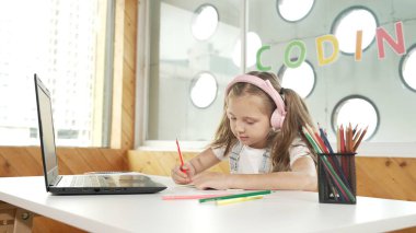 Tatlı akıllı kız sınıf çalışması yapıyor ya da öğretmenini dinlerken internetten öğreniyor. Mutlu öğrenci yazıları, çizimleri, bilgisayar ve renkli kalemlerle kulaklık takarak kağıt üzerinde çalışması. Etkinlik.