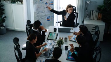 Akıllı yönetici projesinin üst görünümü beyaz tahtaya zihin haritası ve finansal grafik ile işaret ediyor ve çeşitli yatırımcılar hisse yatırım grafiğini dinleyip analiz ederken pazarlama fikrini açıklıyor. Müdürlük.