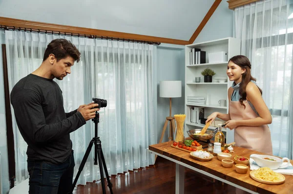 Cameraman Recording Woman Chef Influencer Host Cooking Spaghetti Meat Topped — Stock Photo, Image