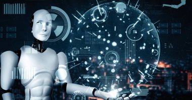 XAI 3d illüstrasyon Futuristik robot yapay zeka insansı yapay zeka endüstriyel fabrika teknolojisi geliştirme ve makine öğrenme konsepti için. İnsanoğlunun geleceği için robotik biyonik bilim araştırması