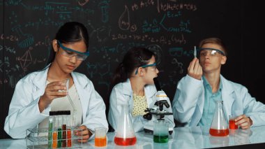 Öğrenci tahtada teoriyle deney yaparken güzel bir kız mikroskop altında araştırma yapıyor. Genç bilim adamı renkli çözeltiyi deneysel ekipmanlarla inceledi. Öğretim.