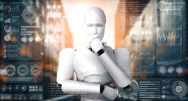 XAI 3D illüstrasyon Yapay Zeka Düşünen İnsansı Robot, hologram ekranını analiz ediyor. Makine öğrenme süreciyle yapay zeka kullanarak büyük veri analitiği kavramını gösteriyor. 3B illüstrasyon.