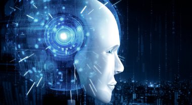 XAI 3D illüstrasyon robotu insansı yüzü, 4. endüstriyel devrim için yapay zeka ve makine öğrenme süreci olan yapay zeka ve beyin grafiksel konseptini yakından gösteriyor. 3B görüntüleme