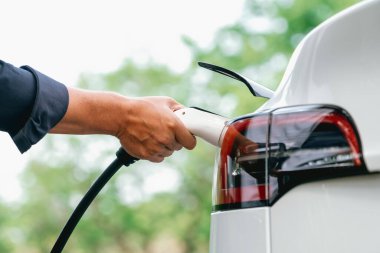 Yolculuk sırasında doğal orman ya da milli parktaki elektrikli araba için şarj olan bir adam. Tatil ve tatil boyunca çevre dostu seyahat. Yükselt